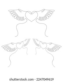 Un plano de línea conectado.
ilustración del corazón volador alado.
símbolo de paz y libertad en términos simples. Doodle vectorial.