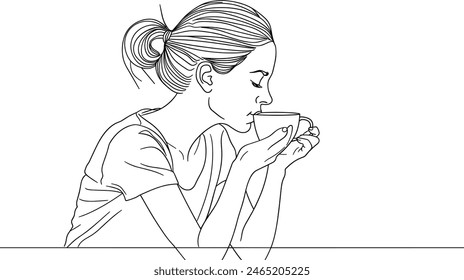 one continues line art vector illustration of Businesswoman drinking coffee from a mug, coffee break, refreshment moment, workplace relaxation.