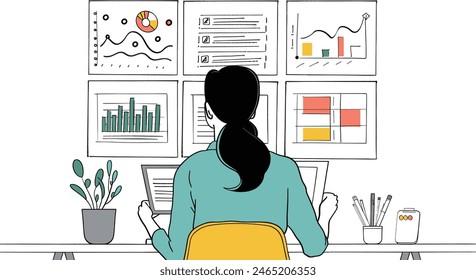 one continues line art vector illustration of Businesswoman analyzing financial charts, financial analysis, economic trends, market research.