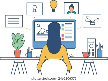 one continues line art vector illustration of Businesswoman participating in a video conference, virtual meeting, online collaboration, remote communication.