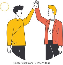 one continues line art vector illustration of A businessman high-fiving a colleague, business celebration, team success, professional congratulations.