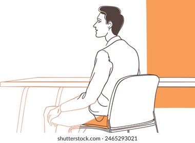 one continues line art vector illustration of A businessman sitting at a conference table listening attentively, corporate meeting, business discussion, professional collaboration.