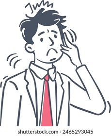 one continues line art vector illustration of A businessman with a puzzled expression scratching his head, business confusion, professional problem-solving, corporate dilemma