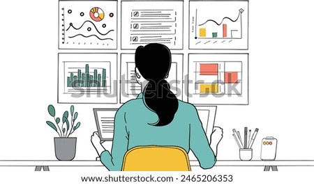 one continues line art vector illustration of Businesswoman analyzing financial charts, financial analysis, economic trends, market research.