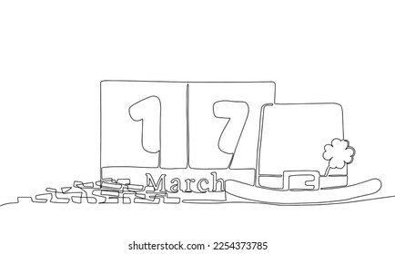 One continues St Patrick's Day illustration. With Leprechaun hand and cold coins and calendar on 17 march. Line art hand draw vector illustration.