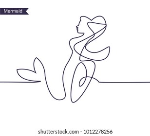 One Continuing Line. Mermaid. Vector. Cartoon. Isolated Art On White Background. Flat