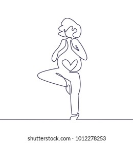 One continuing line. Yoga for pregnant. Vector. Cartoon. Isolated art on white background. Flat