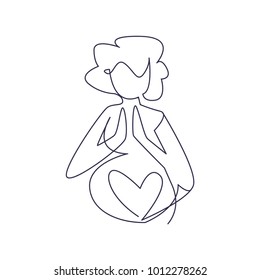 One continuing line. Yoga for pregnant. Vector. Cartoon. Isolated art on white background. Flat