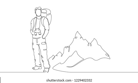 One Continuou, Drawn Single Art  Line  Doodle  Drawing  Sketch Tourist Hiking Backpack Picnic Mountains 