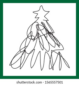 One continuouis line art christmas tree. Isolated element on white background. Vector illustration.