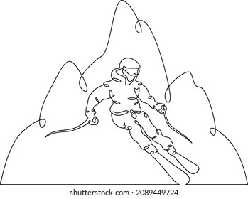 One continuous Alpine skier on the background of the mountain. Alpine skiing logo. Skier athlete goes down the slope.Mountain silhouette. One continuous drawing line logo isolated minimal illustration