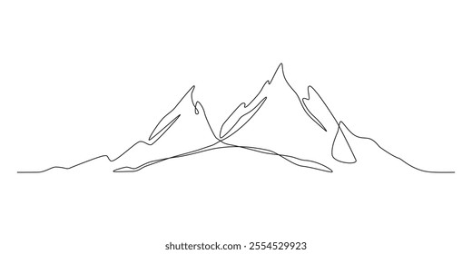 One Continuous Art Line of a Minimal Mountain. Trendy scenic mounts, wall art background. Black and white landscape design for fabric, prints, and wall art. Simple line drawing of one line mountain