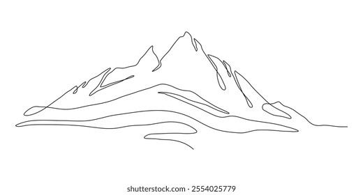 One Continuous Art Line of a Mountain Outline Silhouette. Trendy scenic mounts, wall art background. Black and white landscape design for fabric, prints, and wall art. Simple line drawing of one line