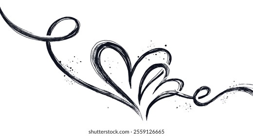 One Continuous Black Line of Grunge Icon Heart. Cute doodle love sign isolated on white background. Scribble heart shapes drawn with markers and chalk