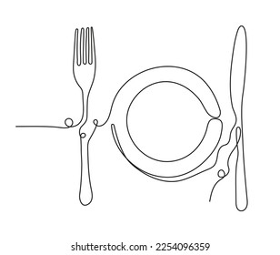 One continuous cutlery vector. Line plate, khife and fork illustration in editable stroke. 
Silver plate.