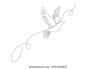 One Continuous Dove Bird Line Art. Editable Doodle Sketch Stroke Peace and Fredon Symbol Silhouette. Flying on Wings Natural Holy Mascot Symbol Drawn