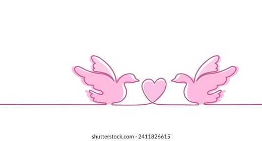 One continuous drawing a couple of birds and a heart between them in simple linear style. Continuous line of heart perfect for valentine's day, mother's day, for a card or wedding invitation