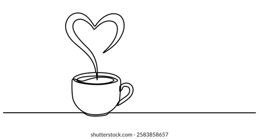 One continuous drawing of cup coffee with heart symbol. Hot drink and mug of tea with love for web banner in simple linear style. Editable stroke. Doodle vector illustration, Hot coffee cup with heart