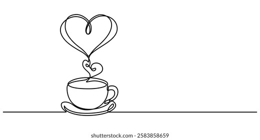 One continuous drawing of cup coffee with heart symbol. Hot drink and mug of tea with love for web banner in simple linear style. Editable stroke. Doodle vector illustration, Hot coffee cup with heart