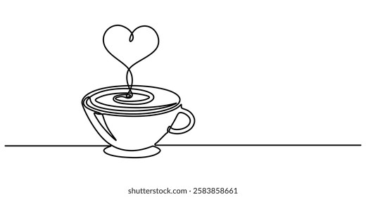 One continuous drawing of cup coffee with heart symbol. Hot drink and mug of tea with love for web banner in simple linear style. Editable stroke. Doodle vector illustration, Hot coffee cup with heart