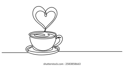 One continuous drawing of cup coffee with heart symbol. Hot drink and mug of tea with love for web banner in simple linear style. Editable stroke. Doodle vector illustration, Hot coffee cup with heart