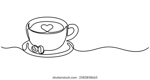 One continuous drawing of cup coffee with heart symbol. Hot drink and mug of tea with love for web banner in simple linear style. Editable stroke. Doodle vector illustration, Hot coffee cup with heart