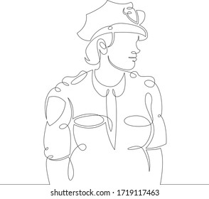 One continuous drawing female line Uniformed police officer. Girl in policeman cap .Single hand drawn art line doodle outline isolated minimal  illustration cartoon character flat