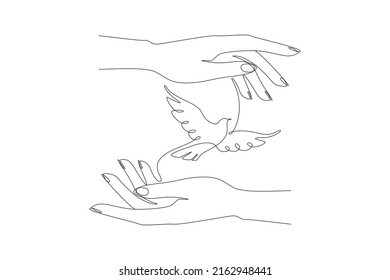One continuous drawing flying white dove in caring hands  Bird symbol peace   freedom concept in simple linear style  Editable stroke  Doodle vector illustration