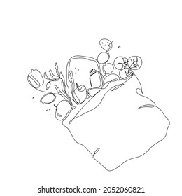 Un dibujo continuo de verduras frescas, pimientos, hierbas, col, calabaza, tomates, etc., dentro de una bolsa de alimentación de papel ecológico. El concepto de comida básica. Diseño moderno gráfico de trazos de una línea de dibujo gráfico vectorial