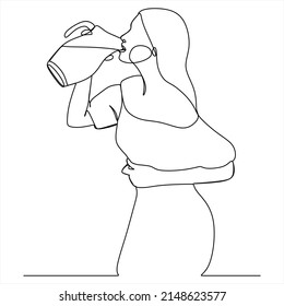 One continuous drawing of a girl with a jug. A beautiful woman drinks from a jug. Healthy lifestyle theme isolated on white background. Vector minimalist style