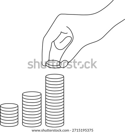 One continuous drawing Hand placing a coin on a growing stack illustrating financial saving and investment isolated on white background Vector illustration