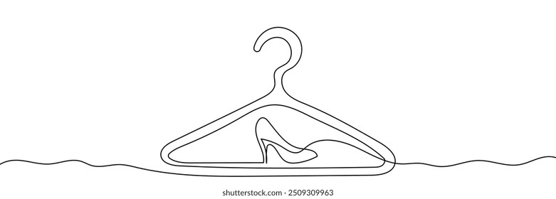 One continuous drawing of hanger sign with shoe inside. Concept symbol for dry cleaning and laundry service in simple linear style. Editable stroke. Doodle vector illustration