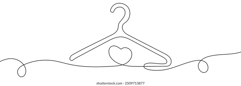 Un dibujo continuo de signo de la percha con el corazón dentro. Símbolo conceptual para servicio de tintorería y lavandería en estilo lineal simple. Trazo editable. Ilustración vectorial Doodle