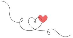 One Continuous Drawing Of Heart And Color Shape Love Sign. Thin Flourish And Romantic Symbols In Simple Linear Style. Editable Stroke. Doodle Vector Illustration