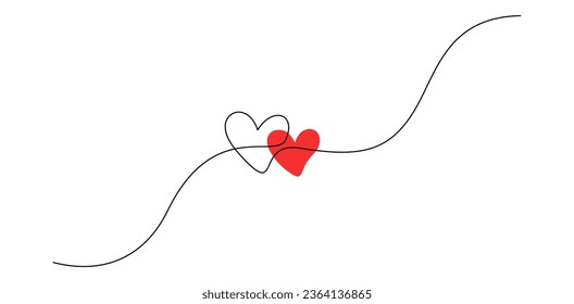 One continuous drawing of heart and color shape love sign. Thin contour and romantic symbol for greeting card and web banner in simple linear style. Editable stroke. Doodle outline vector illustration