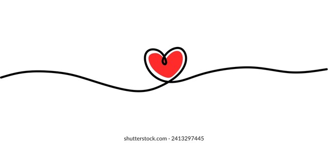 One continuous drawing of heart and color shape love sign. Thin contour and romantic symbol for greeting card and web banner. Doodle outline vector illustration