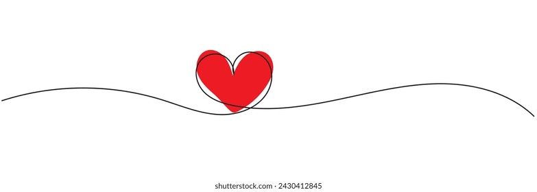 One continuous drawing of heart and color shape love sign. Thin contour and romantic symbol for greeting card and web banner. Doodle outline no background illustration