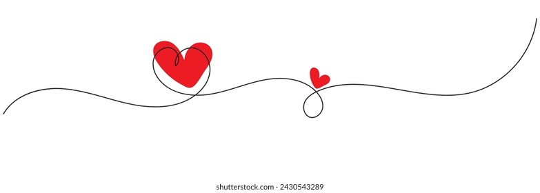 One continuous drawing of heart and color shape love sign. Thin contour and romantic symbol for greeting card and web banner. Doodle outline no background illustration