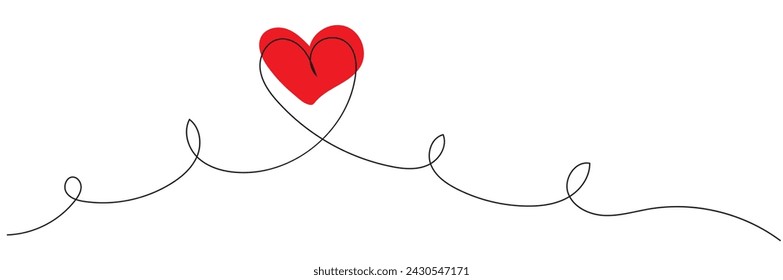 Un dibujo continuo de corazón y color forma signo de amor. Delgado contorno y símbolo romántico para tarjeta de felicitación y banner web. Doodle contorno sin ilustración de fondo