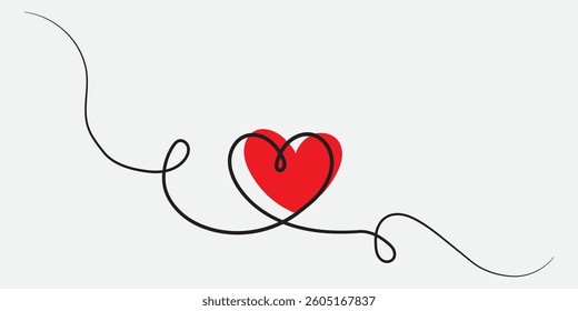 One continuous drawing of heart and color shape love sign. Thin flourish and romantic symbols in simple linear style. Editable stroke. Doodle vector illustration. eps 10