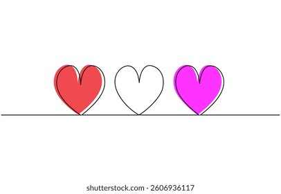 One continuous drawing of heart and color shape love sign, Heart shape outline, Continuous line icon, Heart one line. Continuous one line art drawing heart vector.