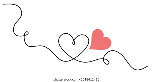 One continuous drawing of heart and color shape love sign. Thin flourish and romantic symbols in simple linear style. Editable stroke. Doodle vector illustration.