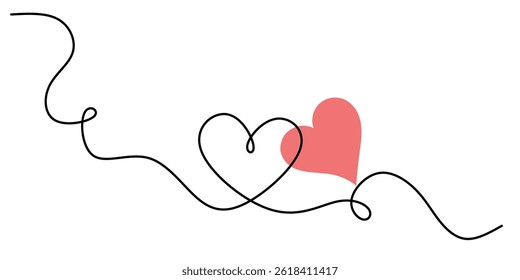 One continuous drawing of heart and color shape love sign. Thin flourish and romantic symbols in simple linear style. Editable stroke. Doodle vector illustration.