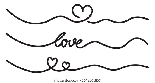 Un dibujo continuo de corazón y signo de amor de forma de color. Símbolos florecientes y románticos en estilo lineal simple. Trazo editable. Ilustración vectorial Doodle
