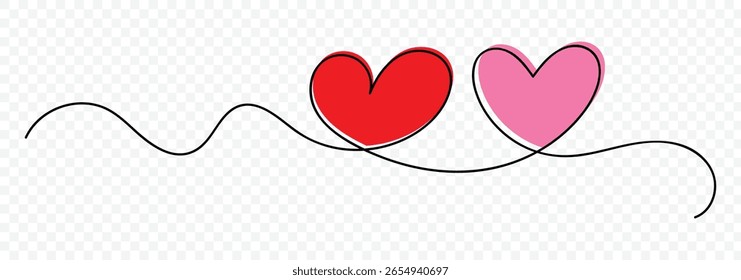Un dibujo continuo de corazón y signo de amor de forma de color. Dibujo continuo de la línea del signo del amor con dos corazones abrazan el diseño del minimalismo en el fondo blanco. Ilustración vectorial