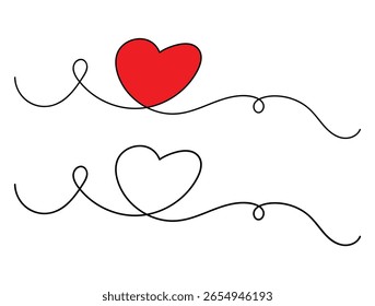 Um desenho contínuo de coração e cor forma sinal de amor. Fino florescer e símbolos românticos em estilo linear simples. Fino florescer e símbolos românticos em estilo linear simples. Uma linha de LOVE vetor.