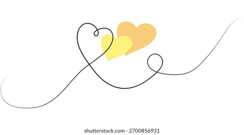 One continuous drawing of heart and color shape love sign. Thin flourish and romantic symbols in simple linear style. Editable stroke. Doodle vector illustration