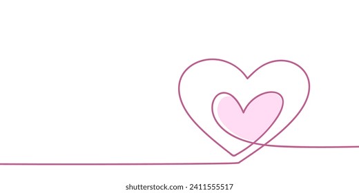 One continuous drawing of heart and pink tender heart romantic symbols in simple linear style. Continuous line of heart perfect for valentine's day, mother's day, for a card or wedding invitation