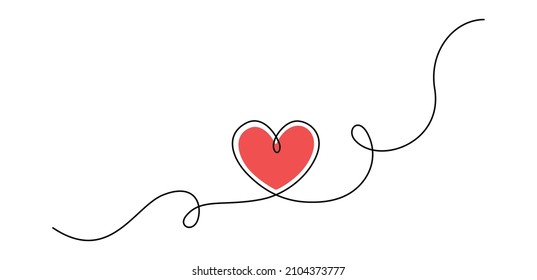 One continuous drawing of heart and red color love sign. Thin flourish and romantic symbols in simple linear style. Editable stroke. Doodle vector illustration