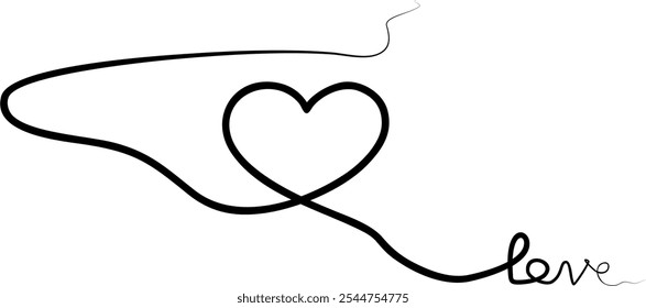 Un dibujo continuo de signo de amor en forma de corazón. Contorno delgado y símbolo romántico para tarjeta de felicitación y Anuncio de Web. Doodle contorno sobre fondo blanco. Trazo editable.